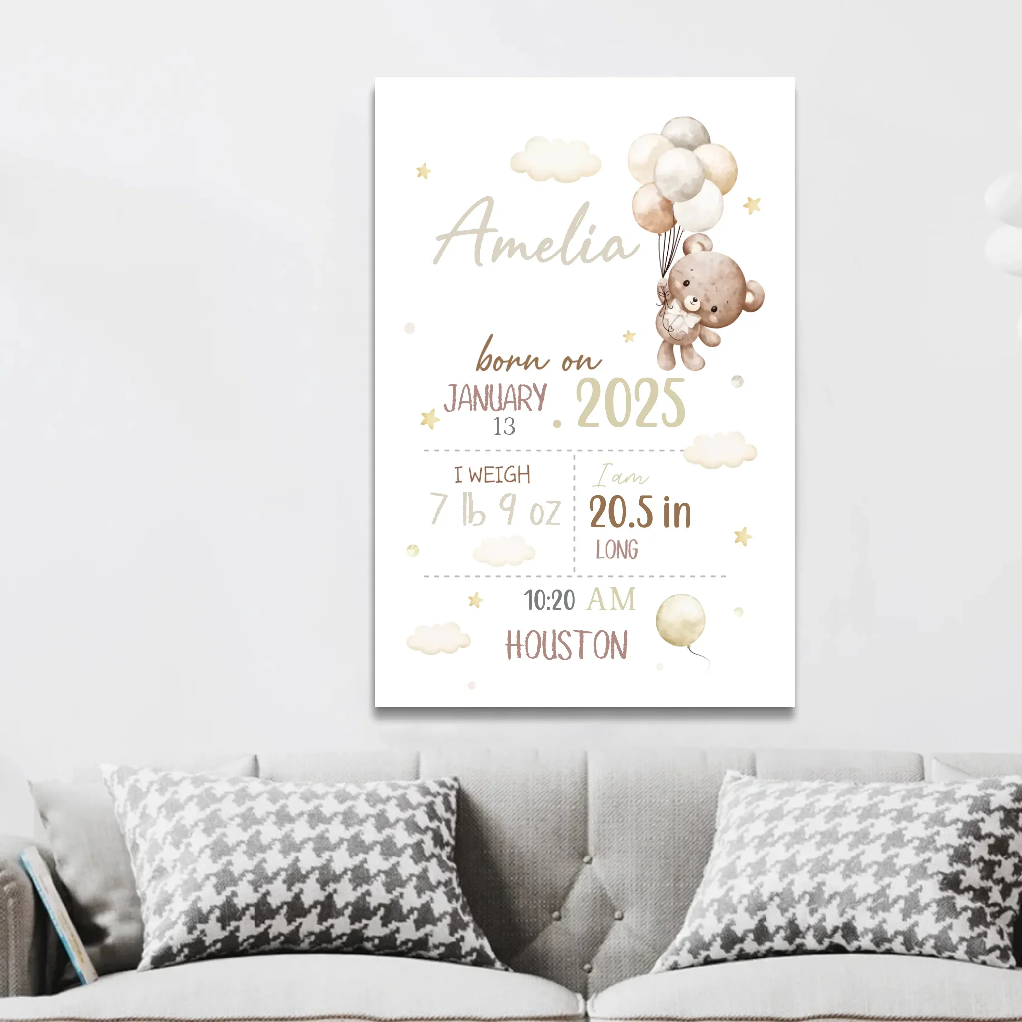 Personalized Canvas – Baby Birth Teddy Bear Announcement - Image 3