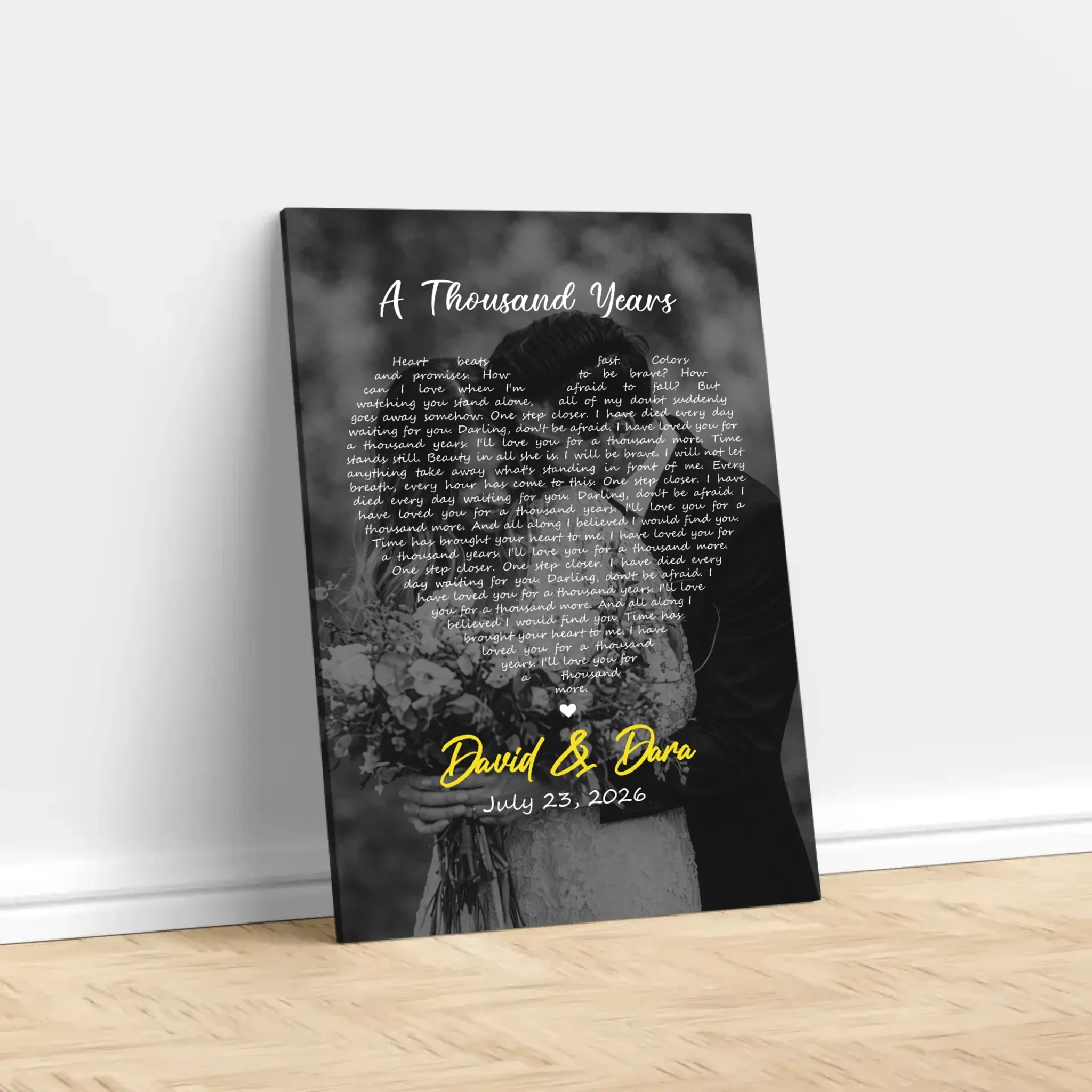 Personalized Canvas – Heart-Shaped B&W Song Lyrics-Vertical - Image 2