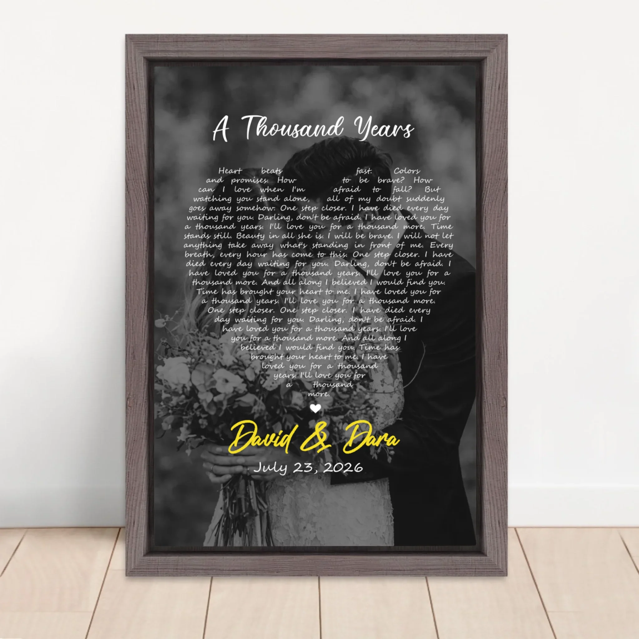 Personalized Canvas – Heart-Shaped B&W Song Lyrics-Vertical - Image 5